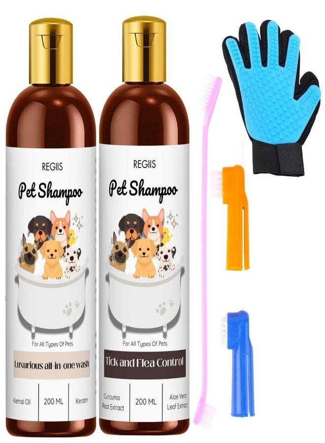 REGIIS Pet Shampoo Set with Grooming Tools, 200ml All-in-One Wash and Tick Control Formula, Includes Deshedding Glove and Brushes(Pack of 4) - Image 1